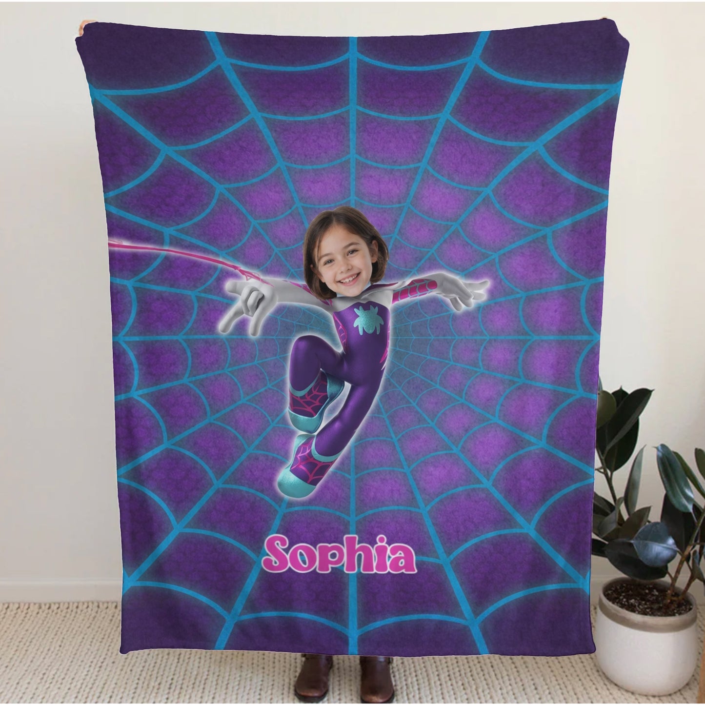 Personalized Spider Girl Photo Blanket - Custom Superhero Face Blanket for Girls