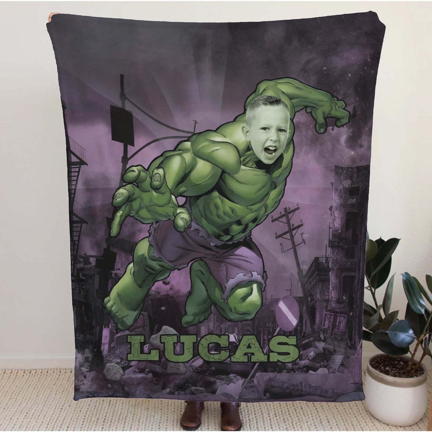 Personalized Hulk Photo Blanket for Kids – Custom Name Superhero Fleece Throw Gift
