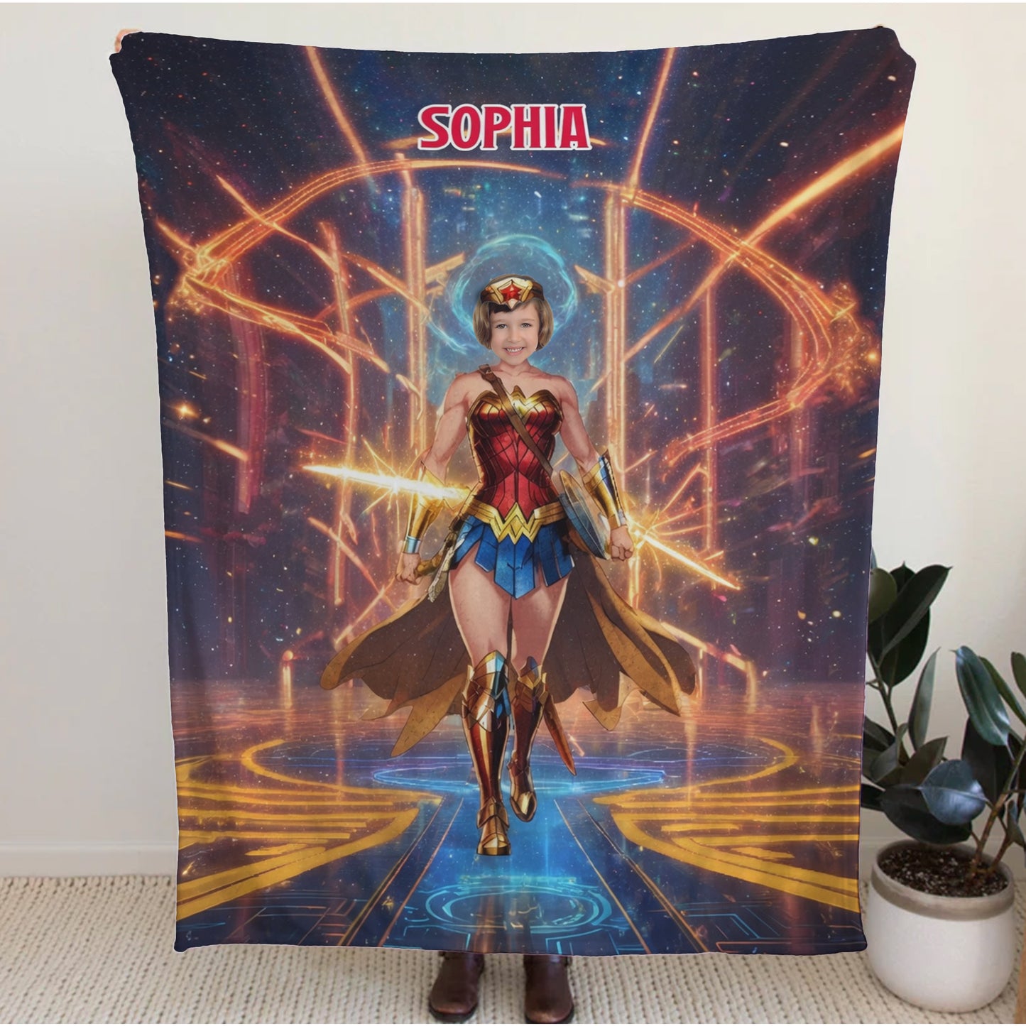 Personalized Superhero Girl Photo Blanket - Custom Face Wonder Hero Fleece Blanket