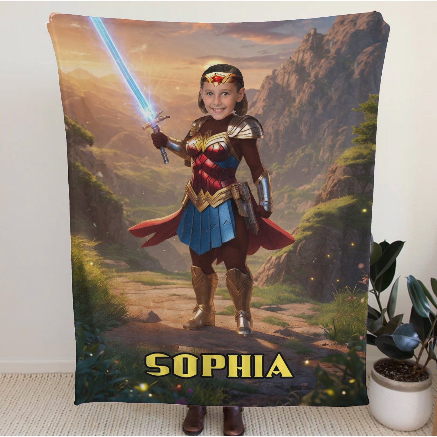 Personalized Wonder Woman Blanket Custom Photo Superhero Throw Blanket for Girls