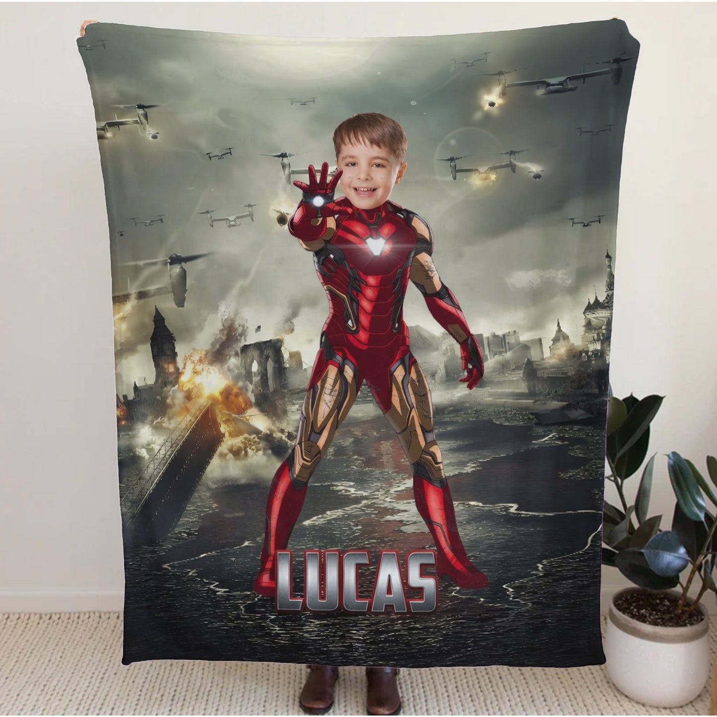 Personalized Iron Superhero Photo Blanket for Kids – Custom Face & Name Fleece Throw Gift