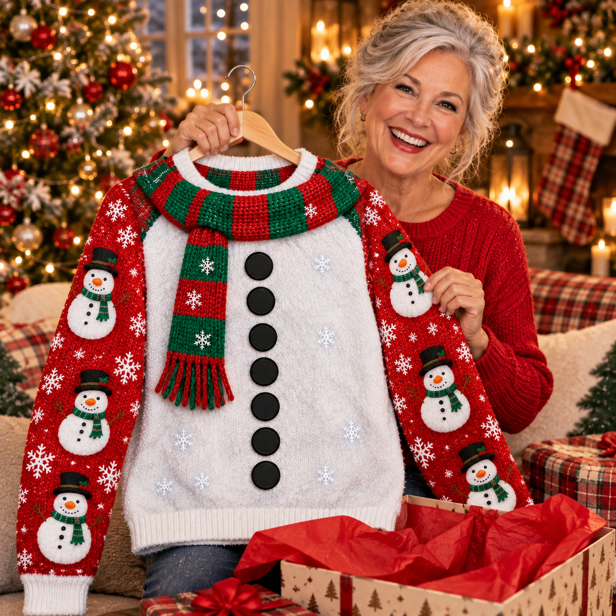 Grandma holding a snowman ugly Christmas sweater as a Christmas gift