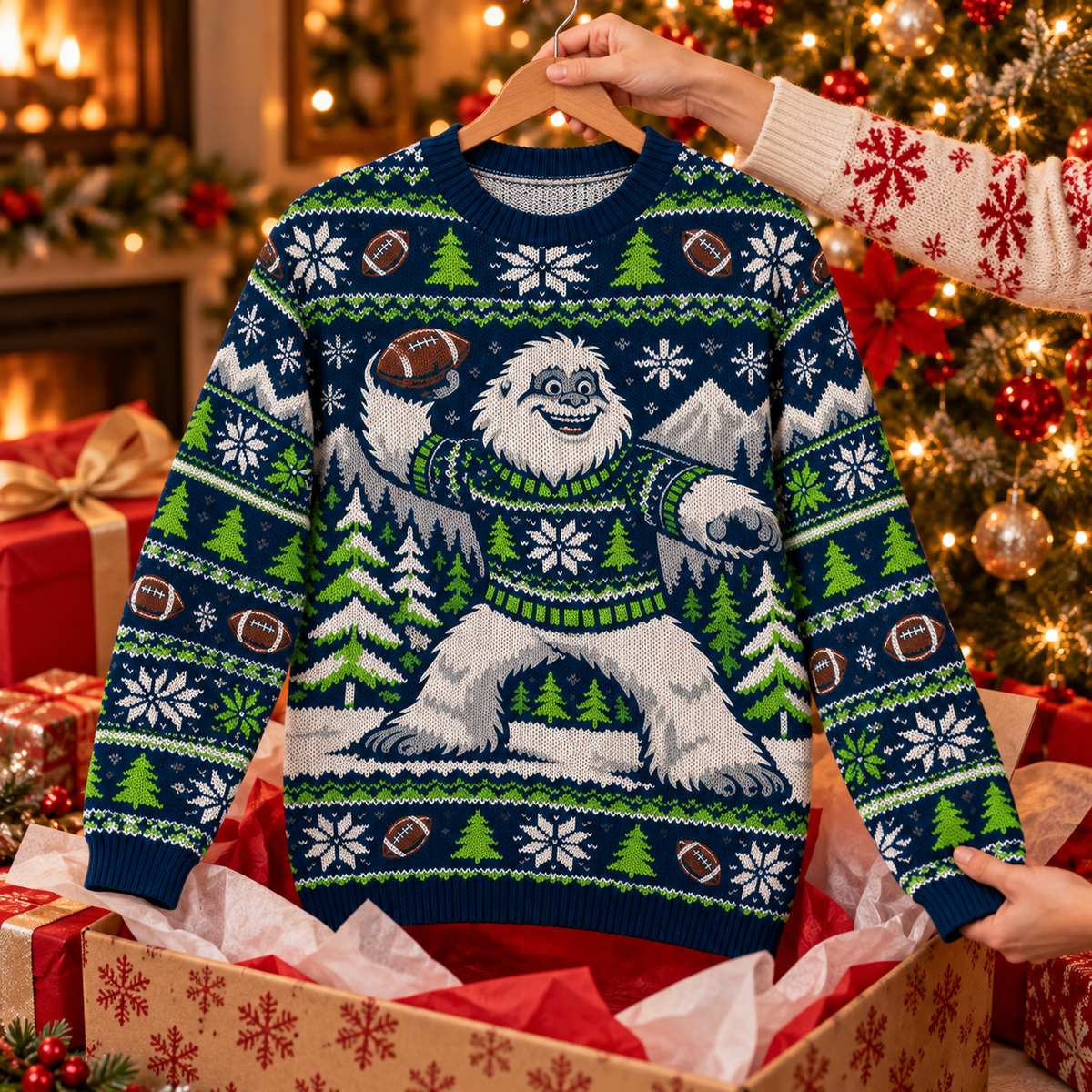 Yeti Snow Day ugly Christmas sweater on a wooden hanger above an opened gift box