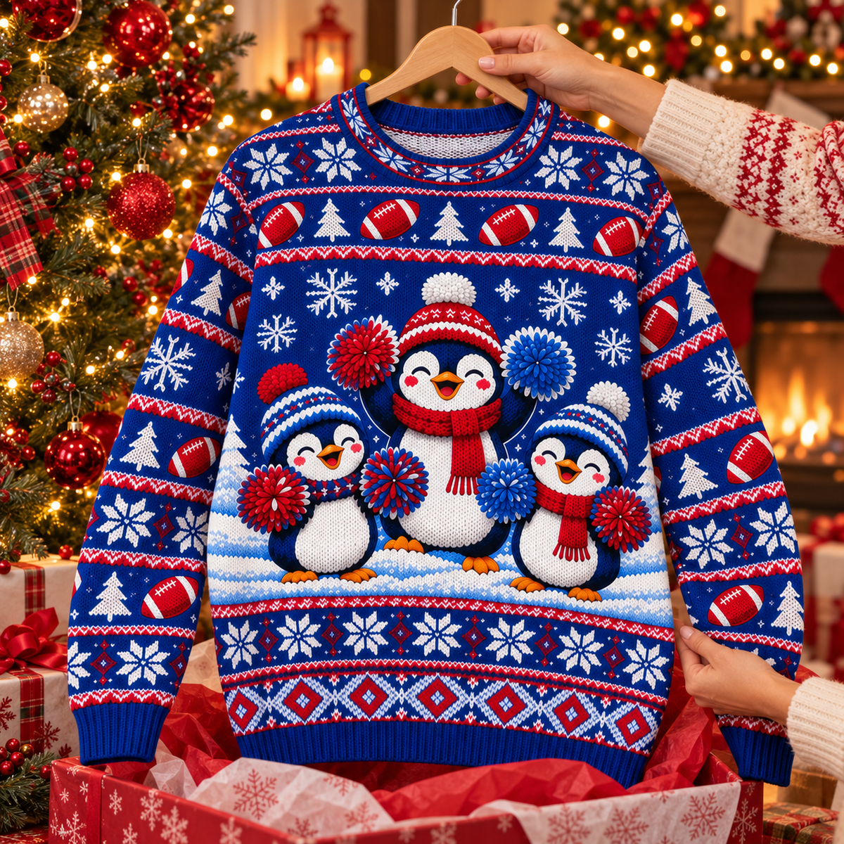 Penguin Cheer Squad ugly Christmas sweater on a wooden hanger above an opened gift box