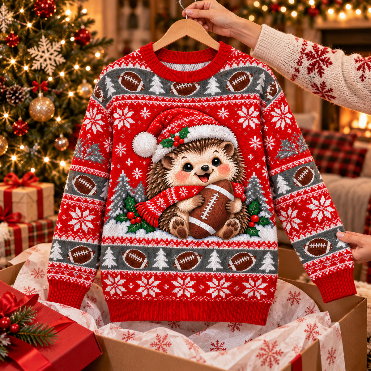 Hedgehog Holiday Huddle ugly Christmas sweater on a wooden hanger above an opened gift box