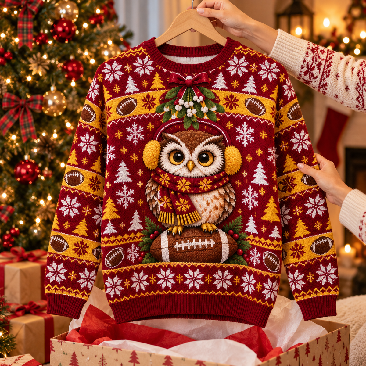 Christmas Owl Fan ugly Christmas sweater on a wooden hanger above an opened gift box