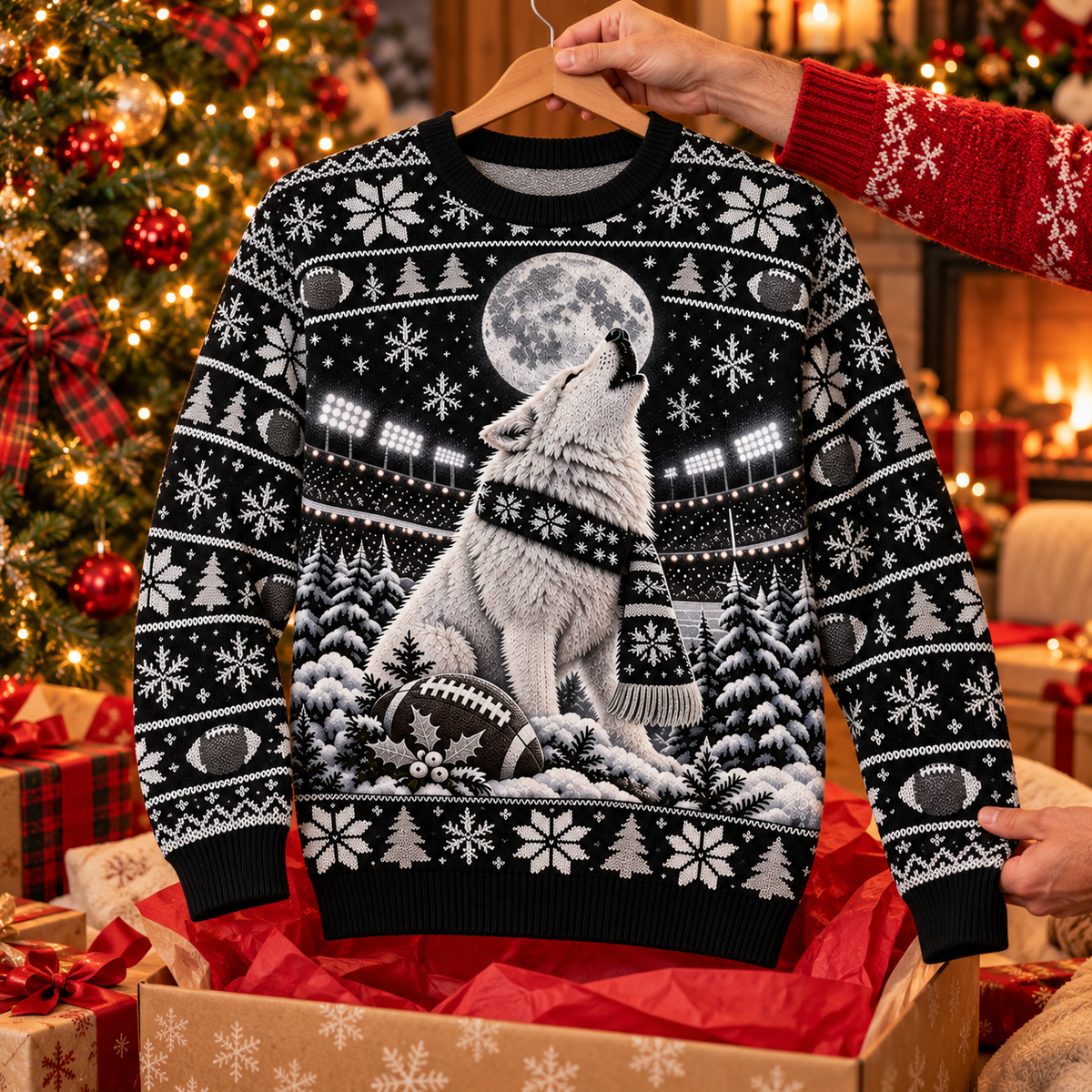 Arctic Wolf Night Game ugly Christmas sweater on a wooden hanger above an opened gift box