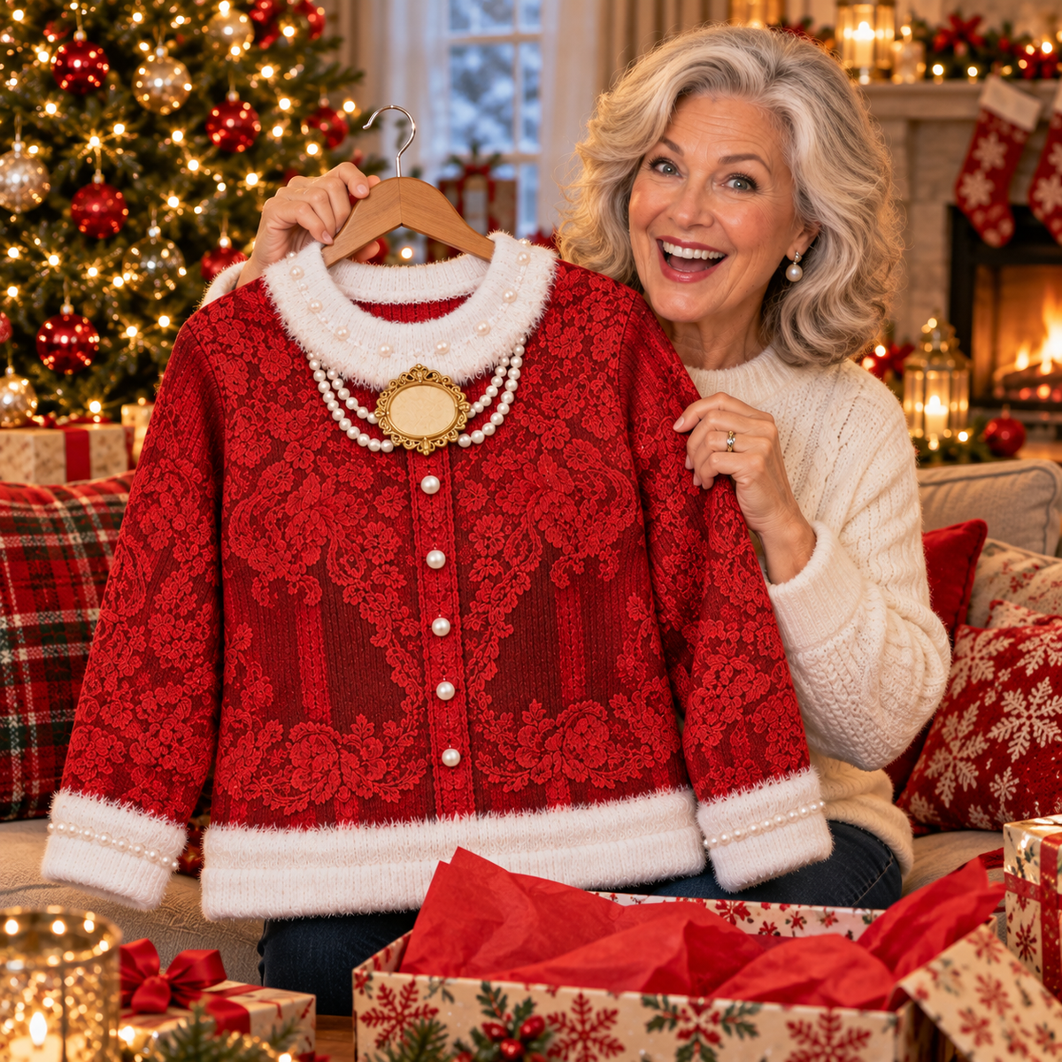 Opening a Glam Granny Claus ugly Christmas sweater as a gift