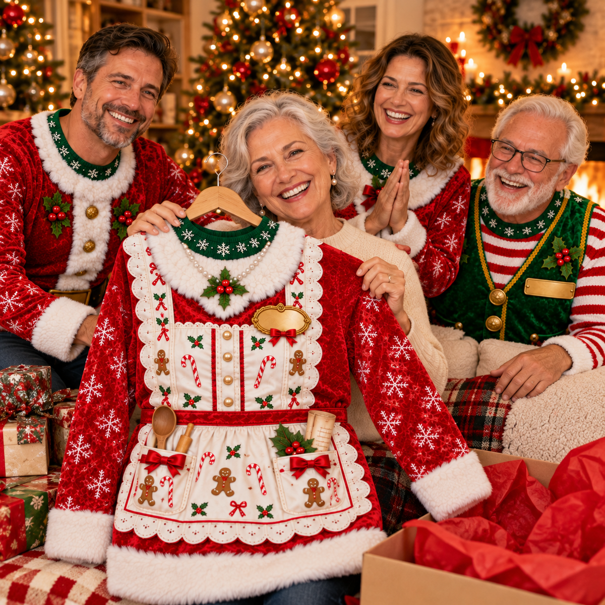 Grandma opening a Christmas ugly sweater gift