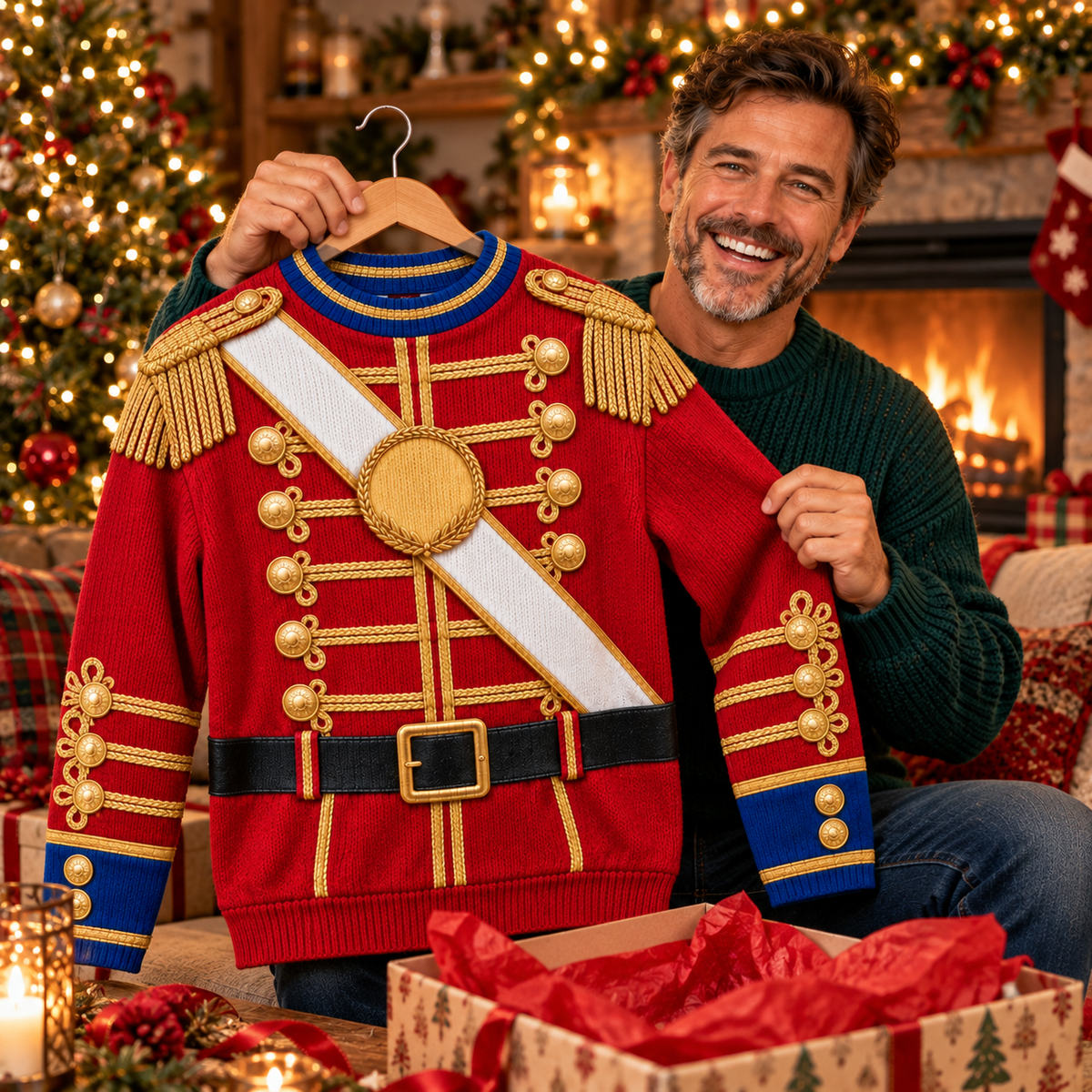 Opening a nutcracker ugly Christmas sweater as a Christmas gift
