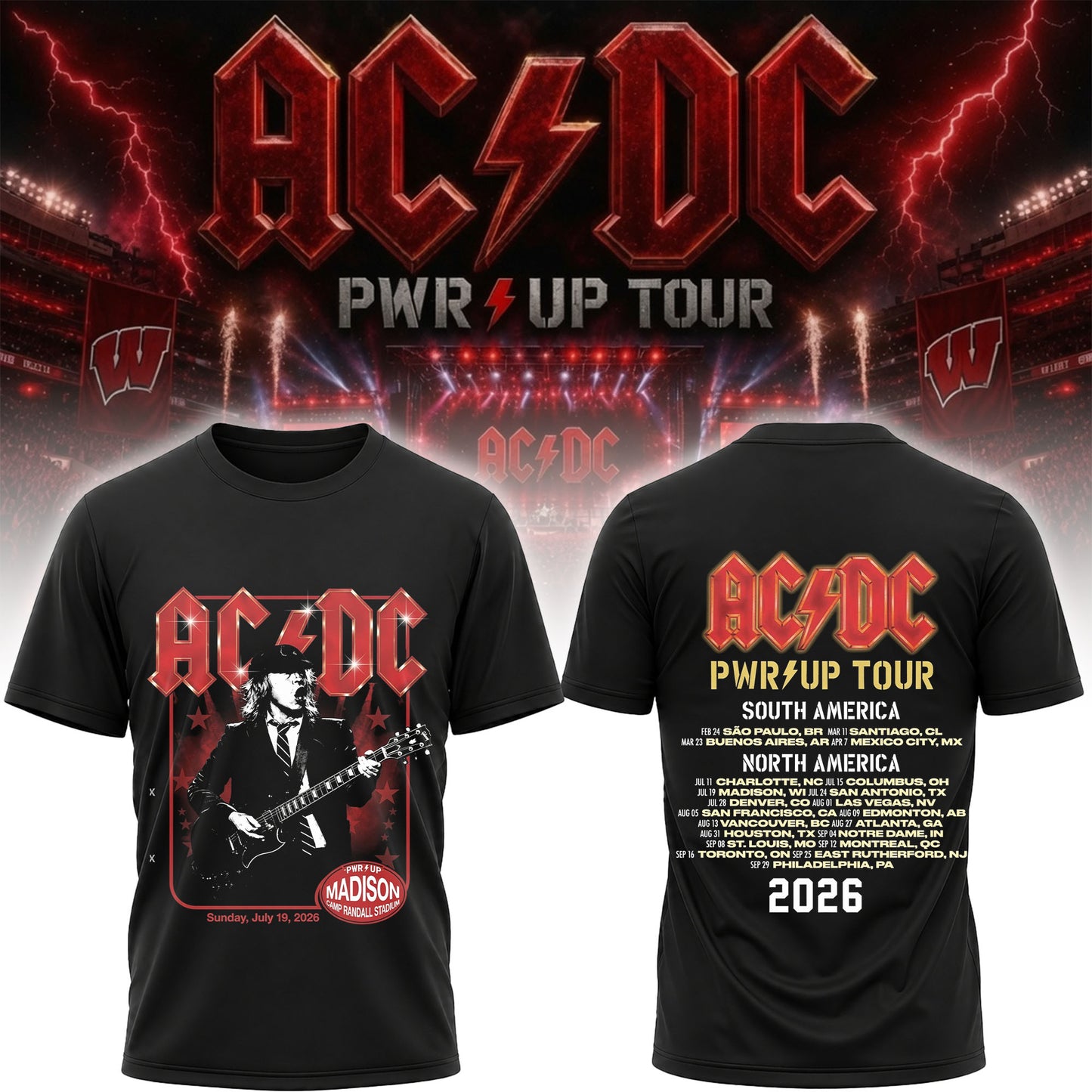 AC/DC Power Up Tour 2026 Madison Concert Shirt - South and North America Dates Tee