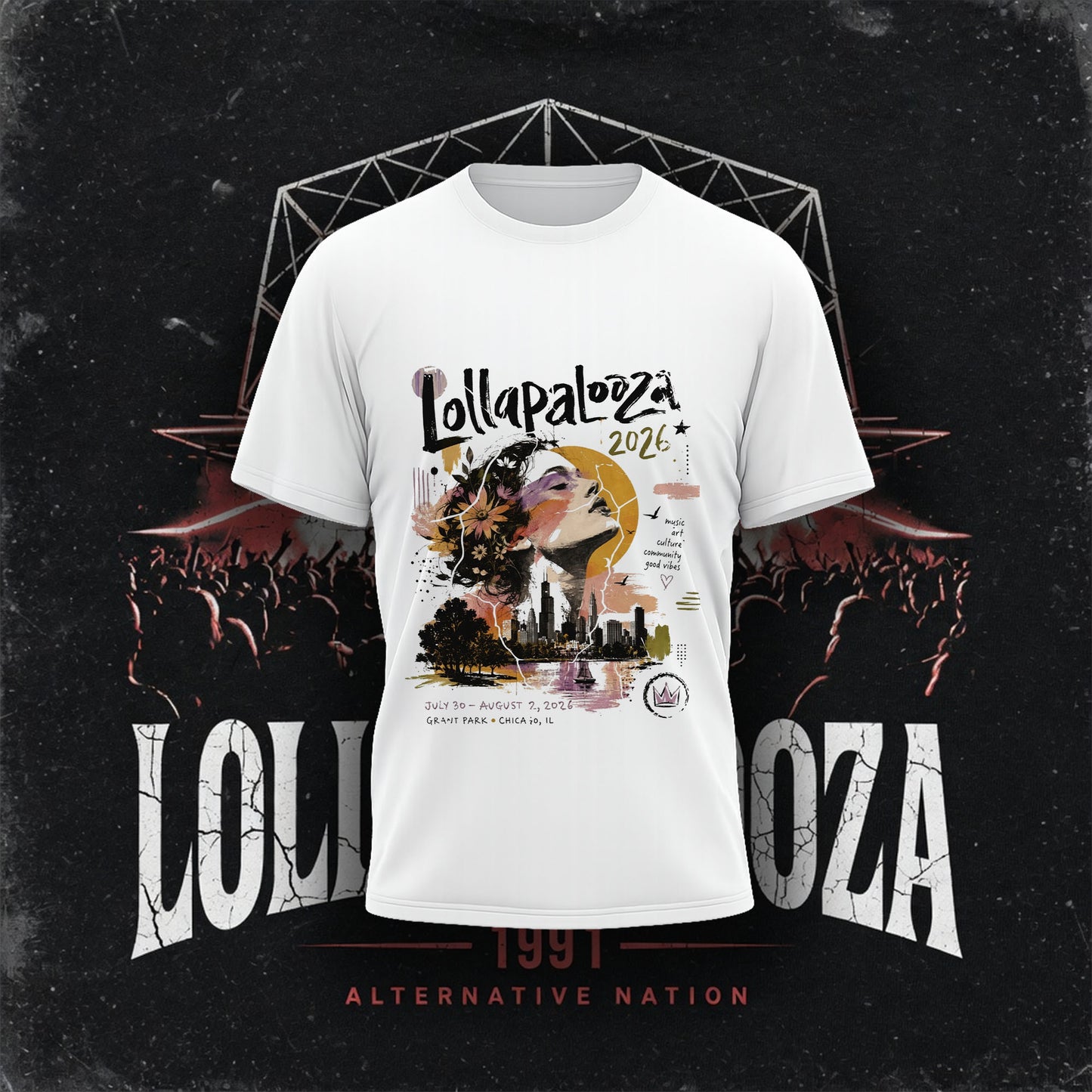 Lollapalooza 2026 Chicago Skyline Art T-Shirt – Music Festival Aesthetic Graphic Tee
