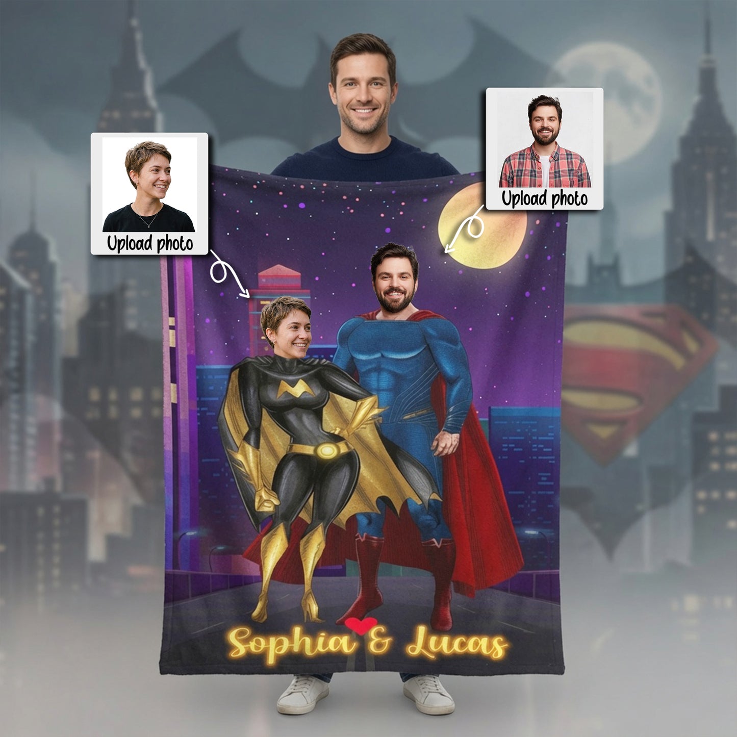 Personalized Superhero Couple Photo Blanket – Custom Two Faces & Names Fleece Throw Gift for Couples