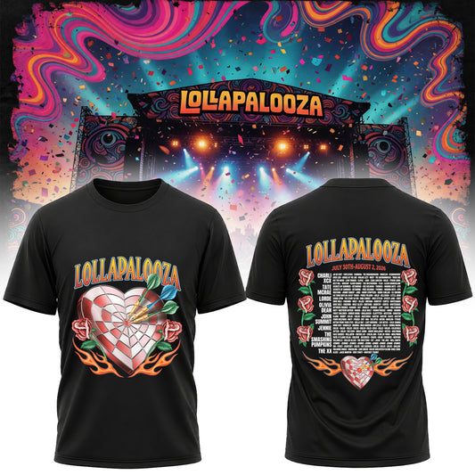 Lollapalooza 2026 Heart & Roses Festival Lineup T-Shirt - Chicago Concert Tee