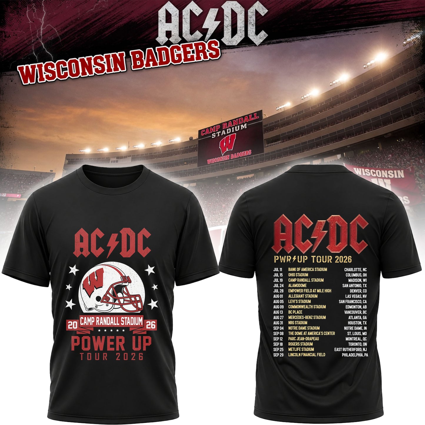 AC/DC Wisconsin Badgers Camp Randall Stadium Power Up Tour 2026 Fan T-Shirt