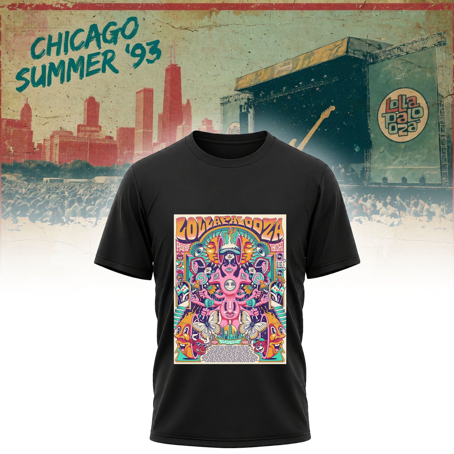 Lollapalooza 2026 Psychedelic Poster Art T-Shirt - Chicago Music Festival Tee