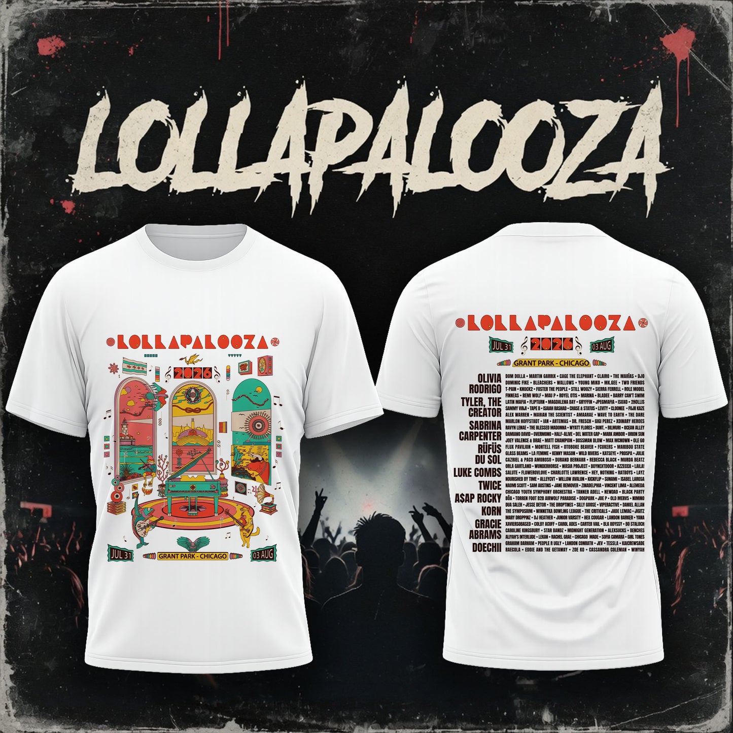 Lollapalooza 2026 Grant Park Retro Stage Art Shirt - Chicago Festival Lineup Tee