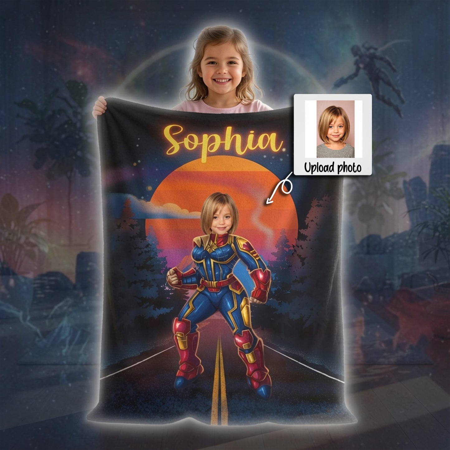 Personalized Superhero Girl Photo Blanket - Custom Face Hero Blanket for Girls