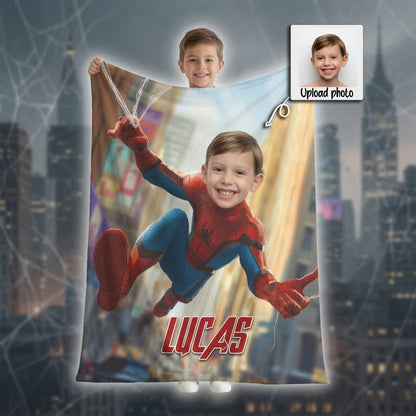Personalized Spider Superhero Web-Swing Photo Blanket for Kids
