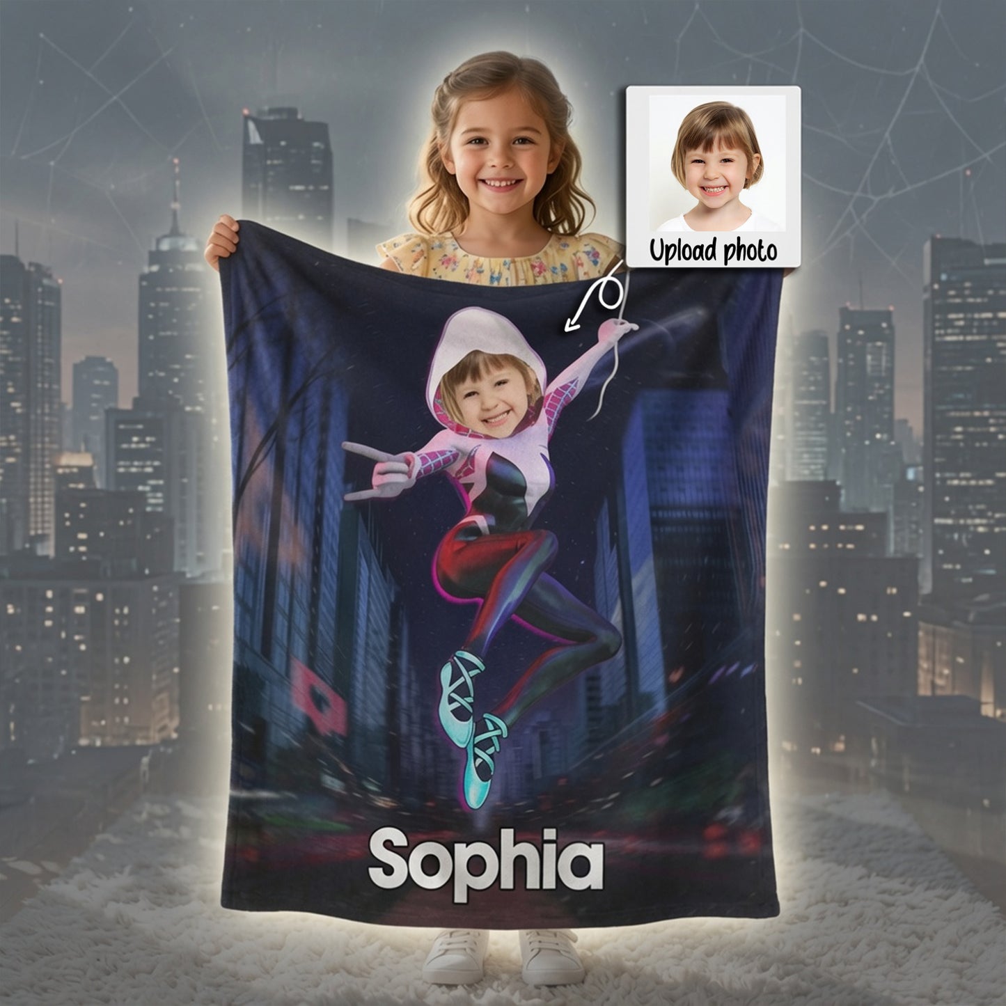 Personalized Spider Girl Photo Blanket - Custom Superhero Face Blanket for Girls