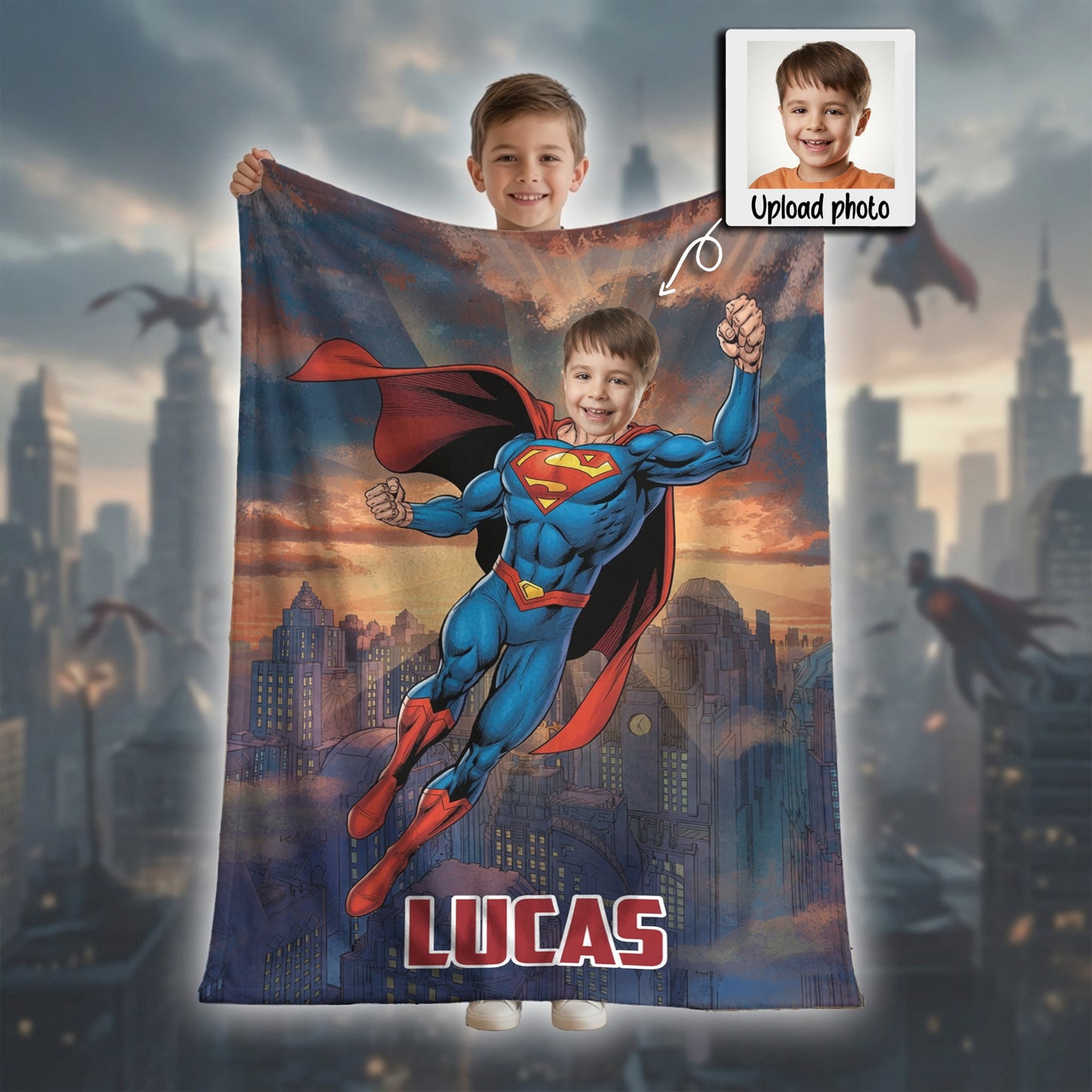 Personalized Superhero Flying Photo Blanket for Kids – Custom Face & Name Fleece Throw Gift