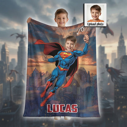 Personalized Superhero Flying Photo Blanket for Kids – Custom Face & Name Fleece Throw Gift