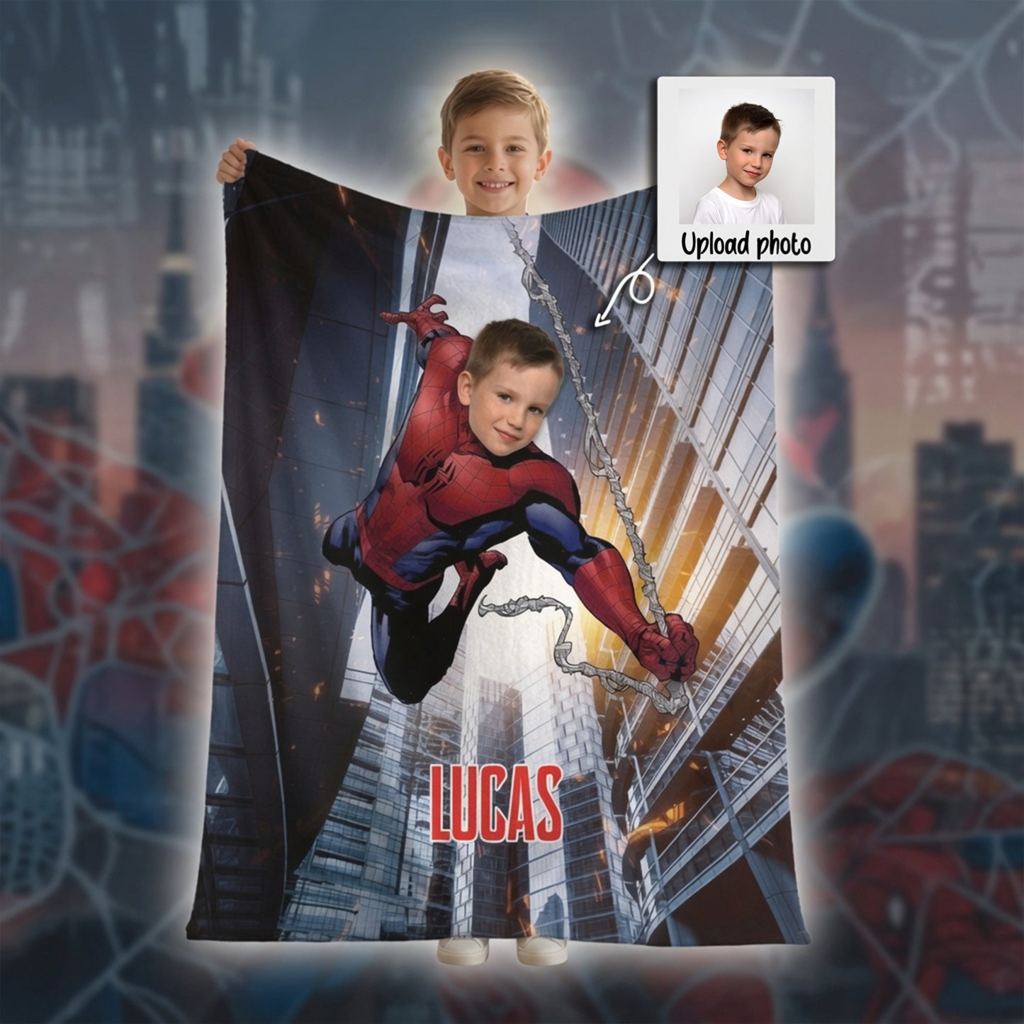 Personalized Spider Superhero Swing Photo Blanket for Kids – Custom Face & Name Fleece Throw Gift