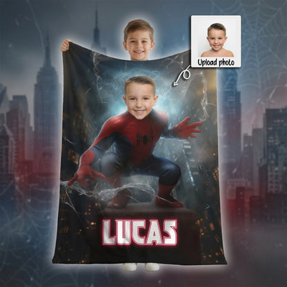 Personalized Spider Superhero Night Action Photo Blanket for Kids