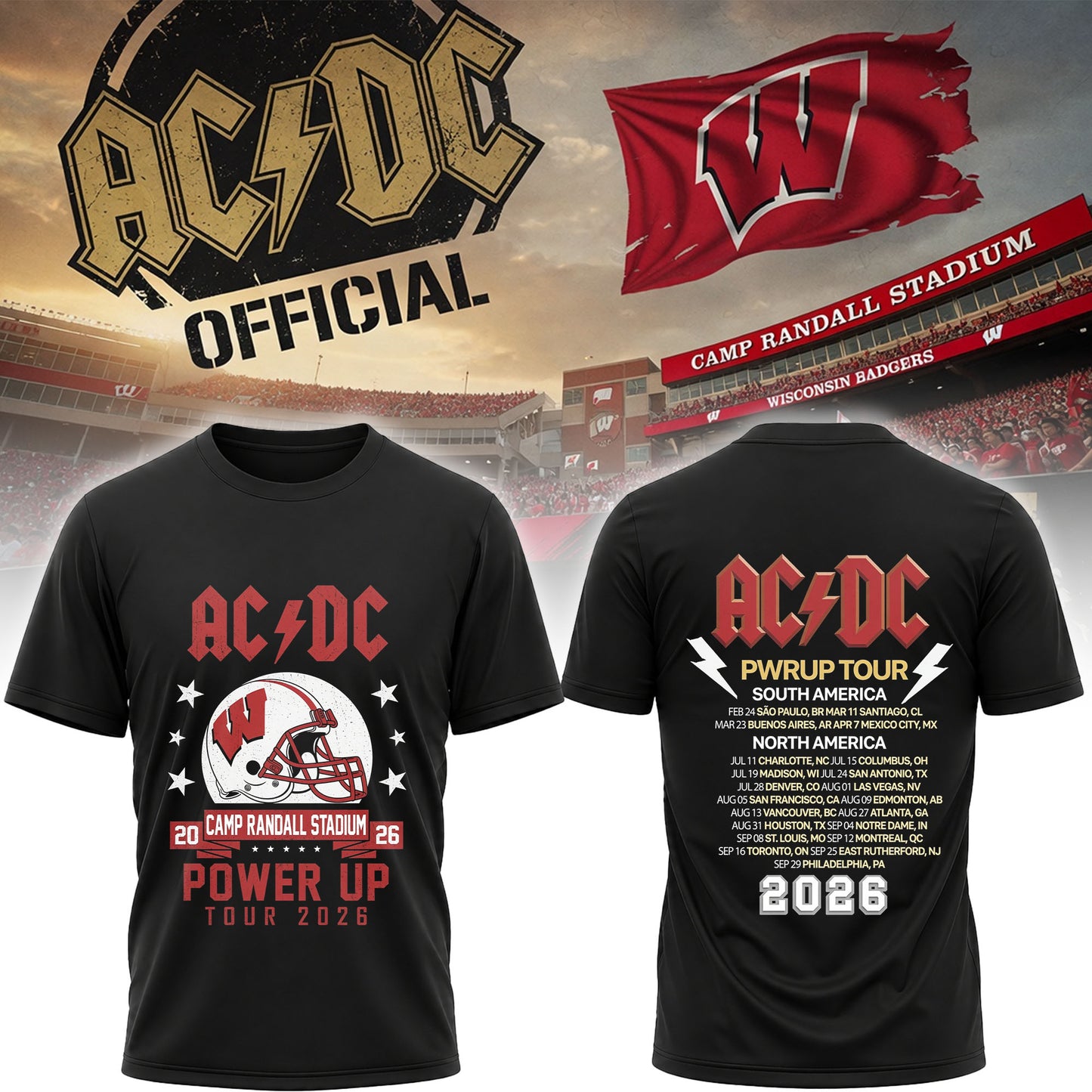Wisconsin Badgers AC/DC Power Up Tour 2026 North America Concert Shirt