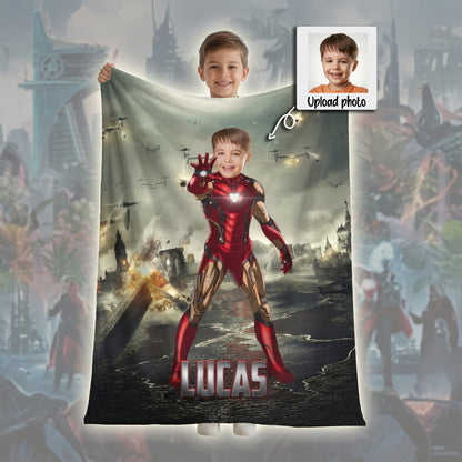 Personalized Iron Superhero Photo Blanket for Kids – Custom Face & Name Fleece Throw Gift