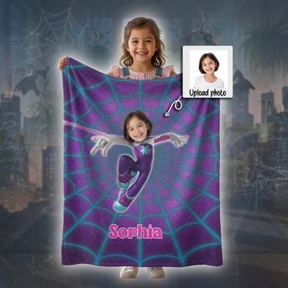 Personalized Spider Girl Photo Blanket - Custom Superhero Face Blanket for Girls