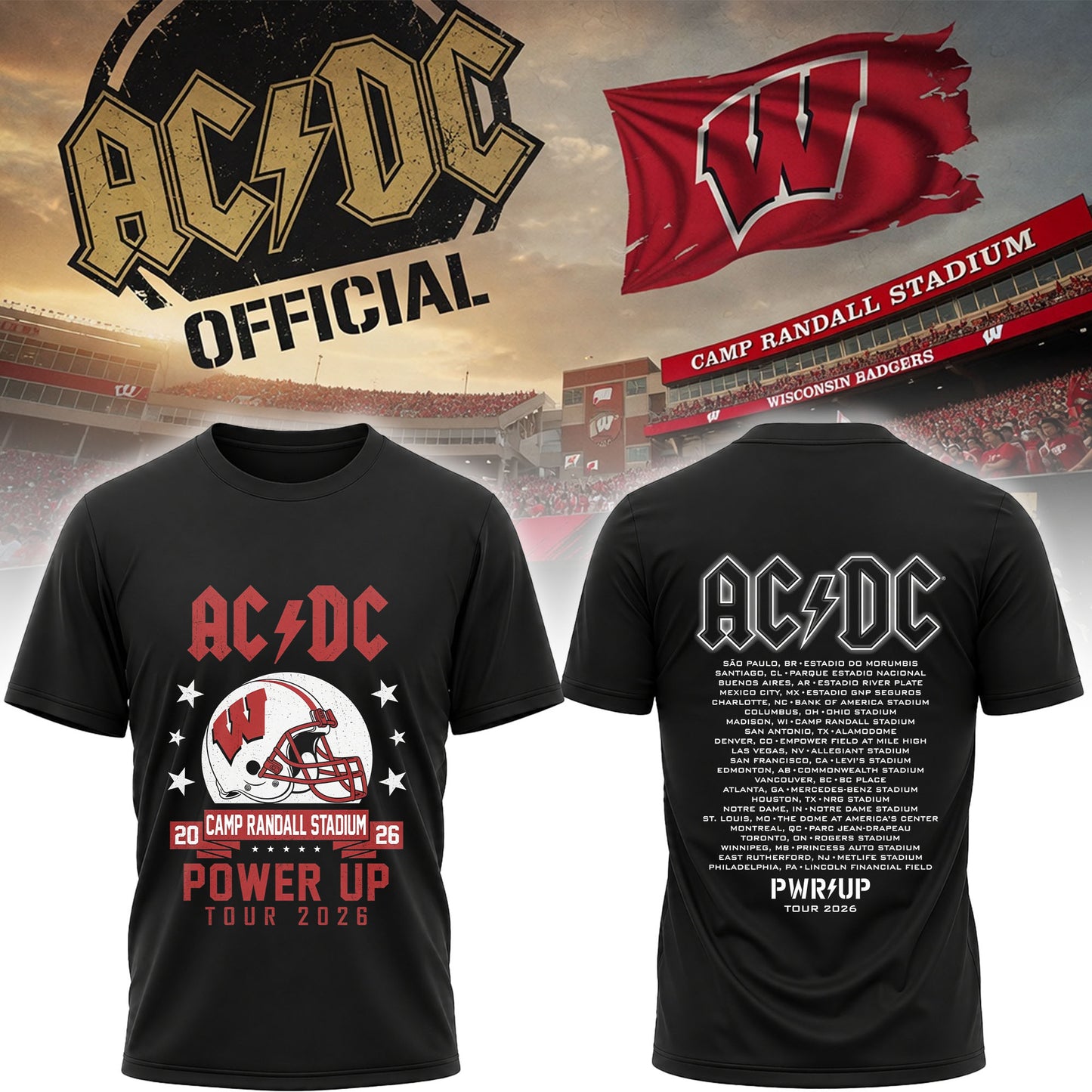 AC/DC Power Up Tour 2026 Wisconsin Badgers Camp Randall Stadium Concert T-Shirt