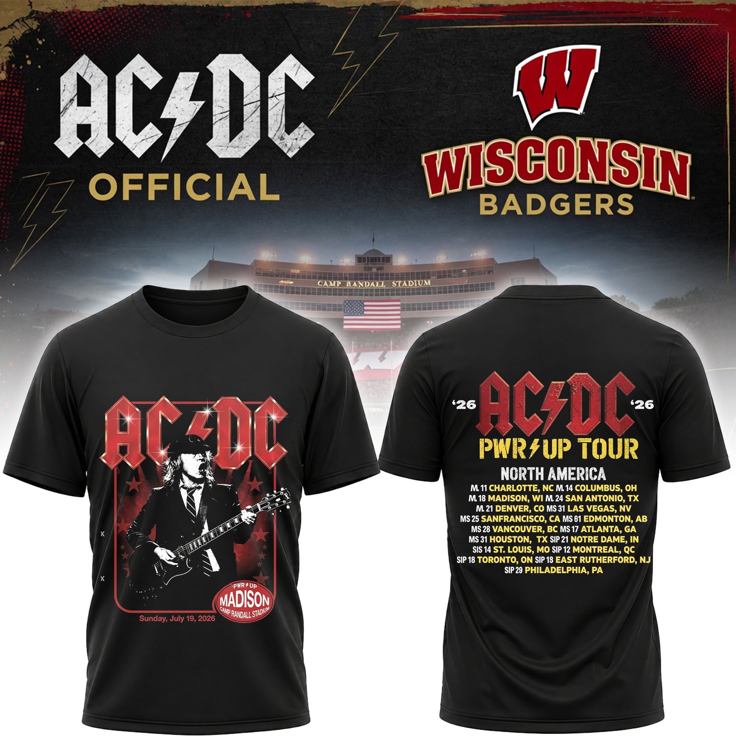 Vintage AC/DC Wisconsin Badgers Power Up Tour 2026 Madison Concert Shirt