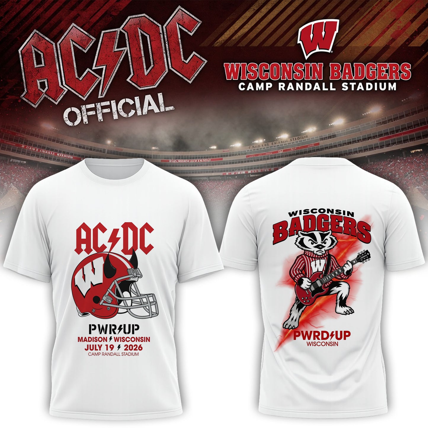 AC/DC Wisconsin Badgers Guitar Mascot Power Up Wisconsin 2026 T-Shirt