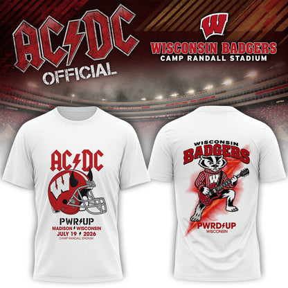 AC/DC Wisconsin Badgers Guitar Mascot Power Up Wisconsin 2026 T-Shirt