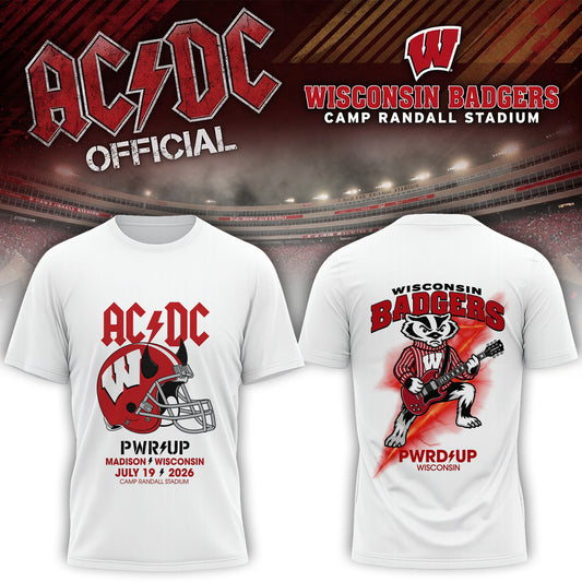 AC/DC Wisconsin Badgers Guitar Mascot Power Up Wisconsin 2026 T-Shirt
