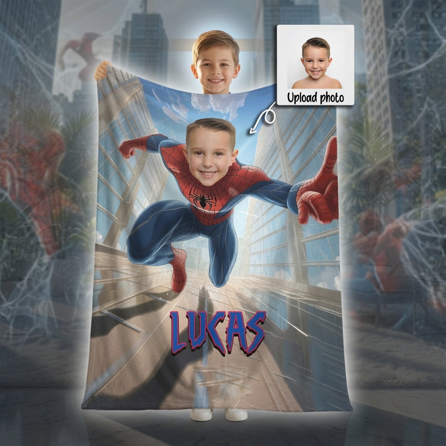 Personalized Spider Superhero Action Photo Blanket for Kids – Custom Face & Name Fleece Throw Gift