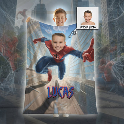 Personalized Spider Superhero Action Photo Blanket for Kids – Custom Face & Name Fleece Throw Gift