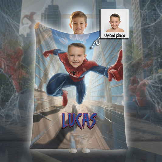 Personalized Spider Superhero Action Photo Blanket for Kids – Custom Face & Name Fleece Throw Gift