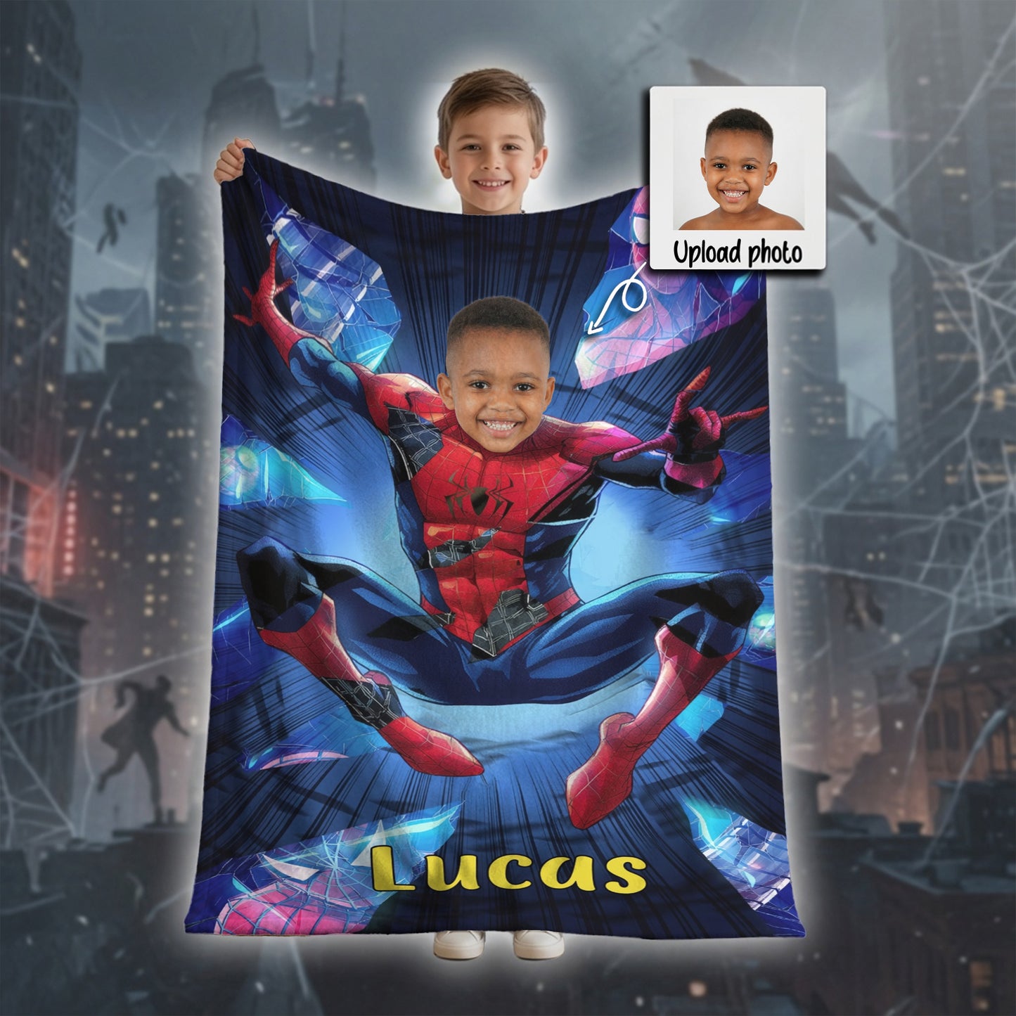 Personalized Spider Hero Blanket with Photo - Custom Kids Superhero Fleece Blanket