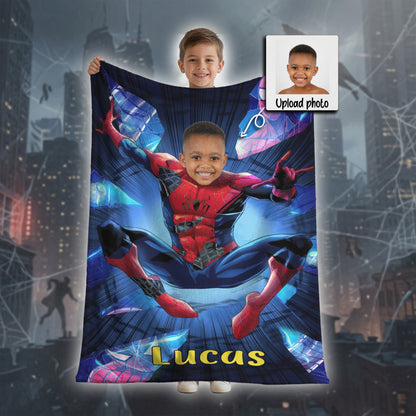 Personalized Spider Hero Blanket with Photo - Custom Kids Superhero Fleece Blanket