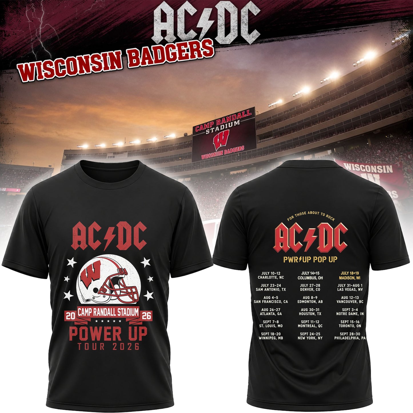 AC/DC Wisconsin Badgers Power Up Tour 2026 Shirt - Camp Randall Stadium Rock Concert Football Fan Tee