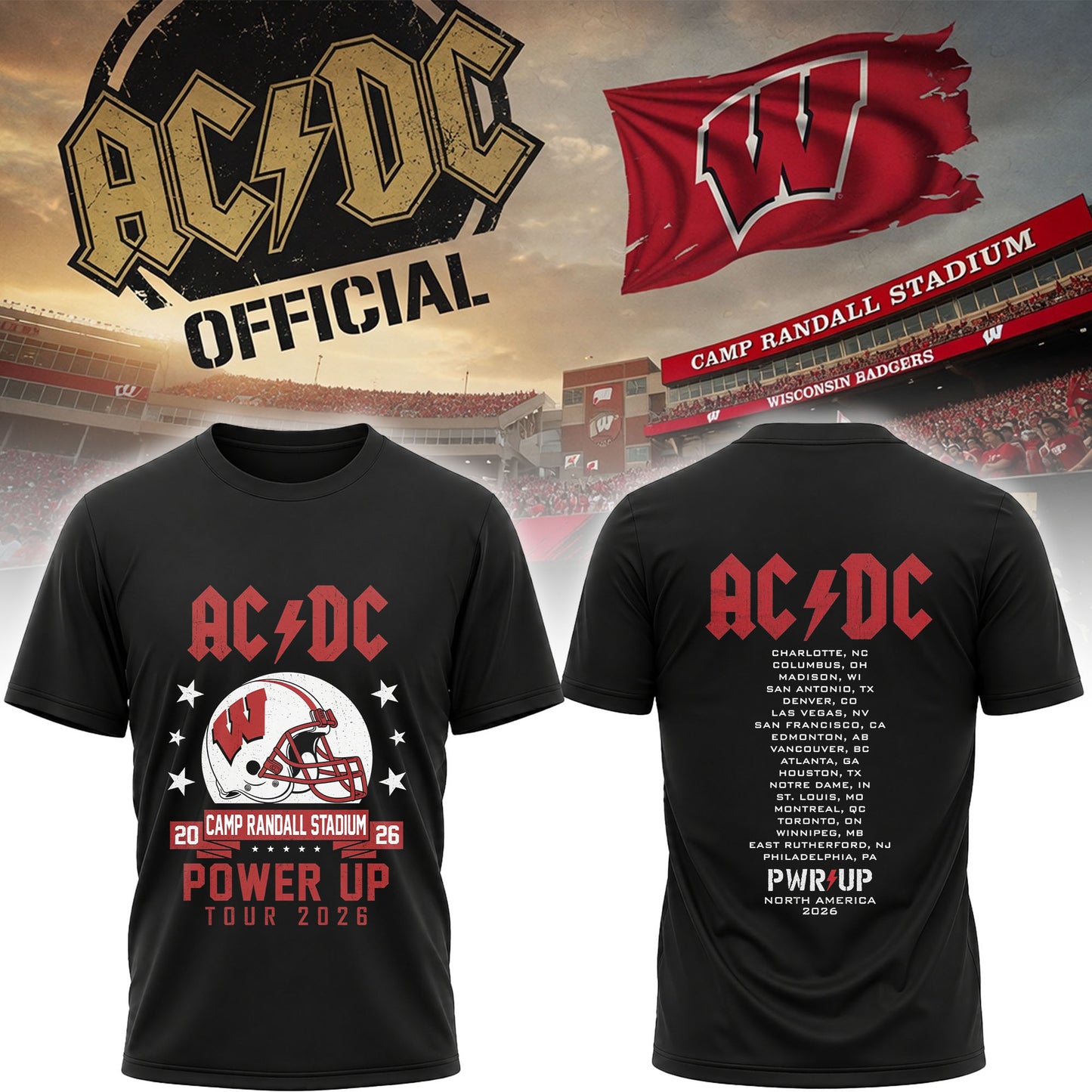 AC/DC Wisconsin Badgers Power Up Tour 2026 Camp Randall Stadium Fan Shirt