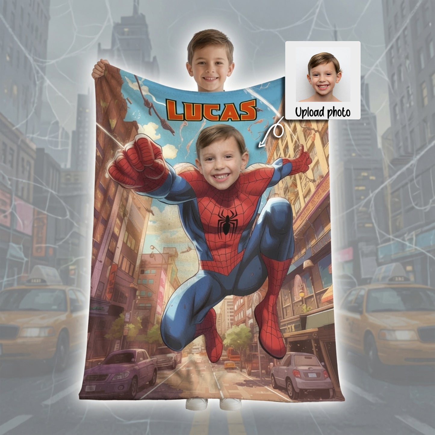Personalized Spider Superhero Flying Photo Blanket for Kids – Custom Face & Name Fleece Throw Gift