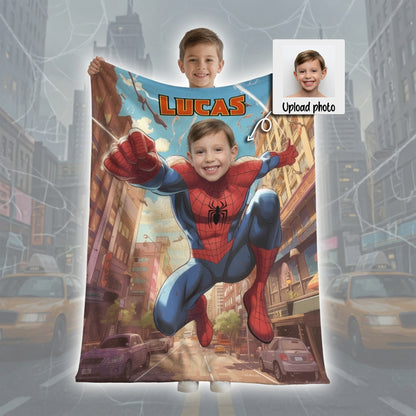 Personalized Spider Superhero Flying Photo Blanket for Kids – Custom Face & Name Fleece Throw Gift