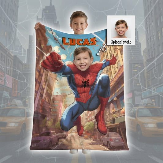 Personalized Spider Superhero Flying Photo Blanket for Kids – Custom Face & Name Fleece Throw Gift