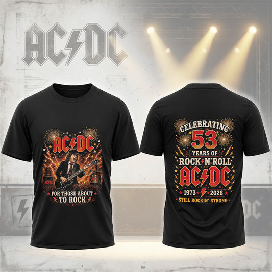 AC/DC 53 Years of Rock N Roll T-Shirt - 1973-2026 Still Rockin Strong Concert Tee