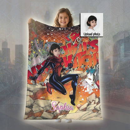 Personalized Spider Hero Girl Blanket with Photo - Custom Superhero Fleece Blanket for Girls