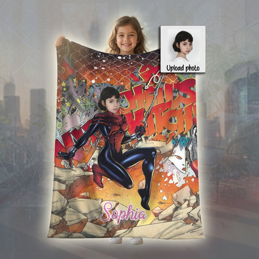 Personalized Spider Hero Girl Blanket with Photo - Custom Superhero Fleece Blanket for Girls