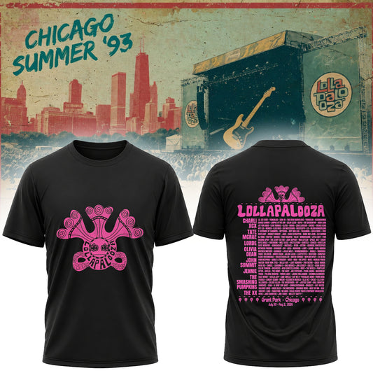 Lollapalooza 2026 Pink Retro Festival Lineup T-Shirt - Chicago Concert Merch